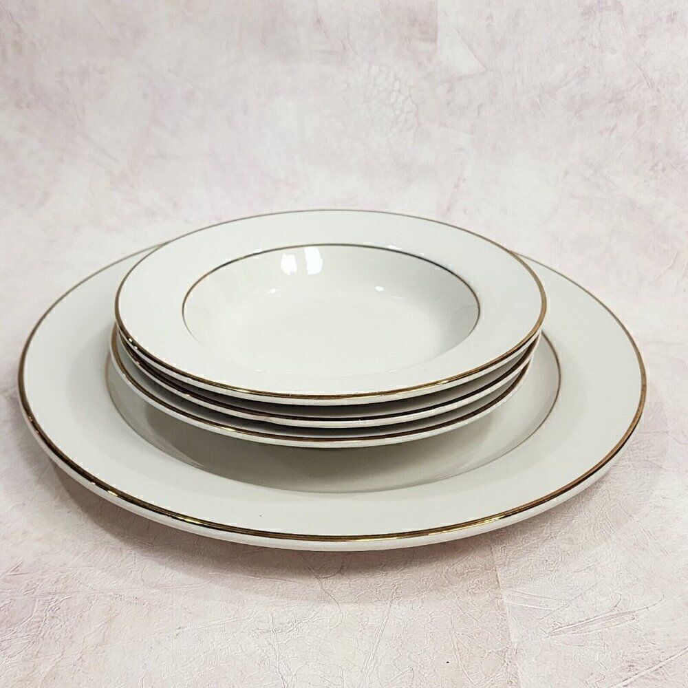 HOMER LAUGLIN Eggshell Nautilus 8" Soup Bowls / 12" Plate Gold Trim SET OF 4
